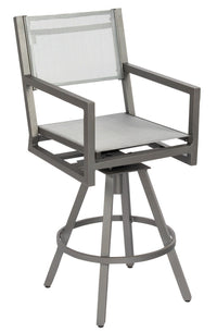 Woodard Palm Coast Sling Swivel Bar Stool with Arms, Aged Teak, Augustine Alloy (Grade A), Grade A Fabric, Garden Chairs, Bar Stools, Palm Coast, Aluminum, Bar Stools, Rectangular, Outdoor