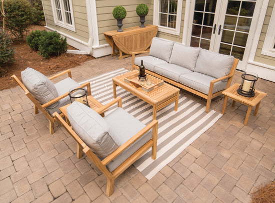 Royal Teak Coastal Set with 3-Seat Sofa and Two Club Chairs and Miami Coffee Table with Off White or Navy or Spa or Granite Cushion