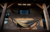 Vivere Double Cotton Hammock with Solid Pine Arc Stand - Cayo Reef/Retro/Natural with Fringe (8ft)