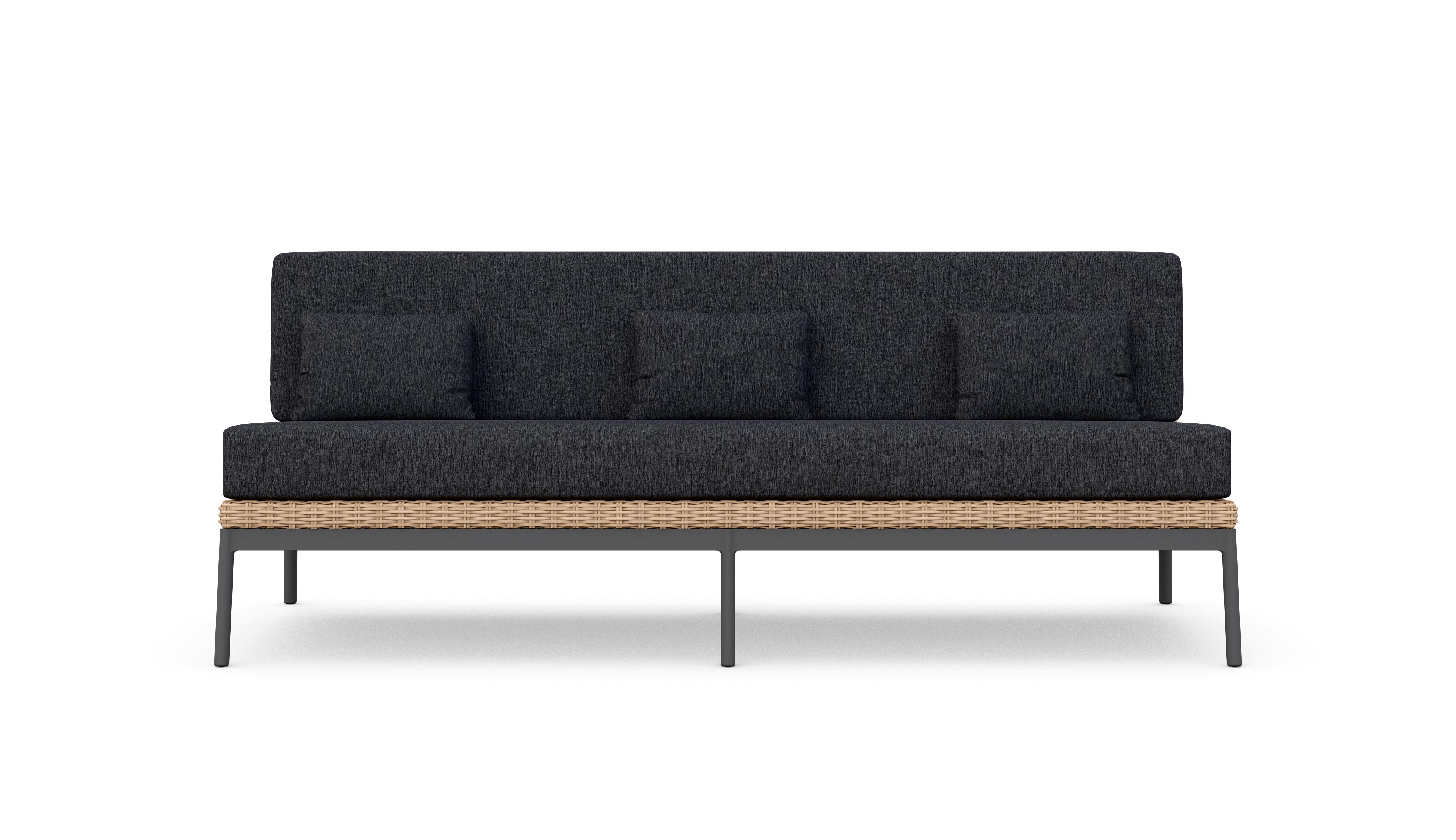 Azzurro Living Terra 3 Seat Sofa With Matte Charcoal Aluminum And Natural All-Weather Wicker With Midnight Cushion
