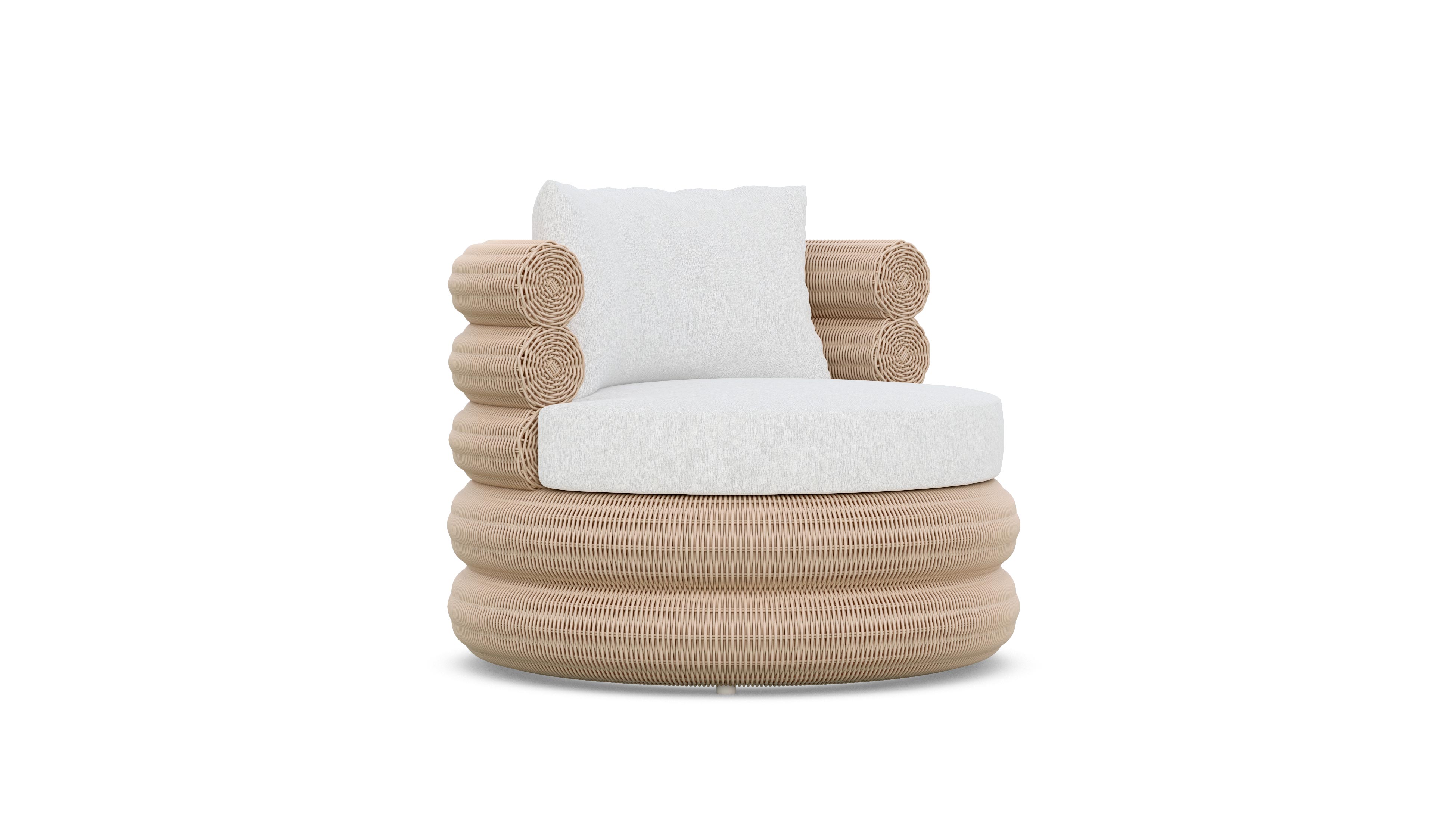 Azzurro Living Texoma Swivel Club Chair In Natural Aluminum And Almond All-Weather Wicker With Cloud Cushion