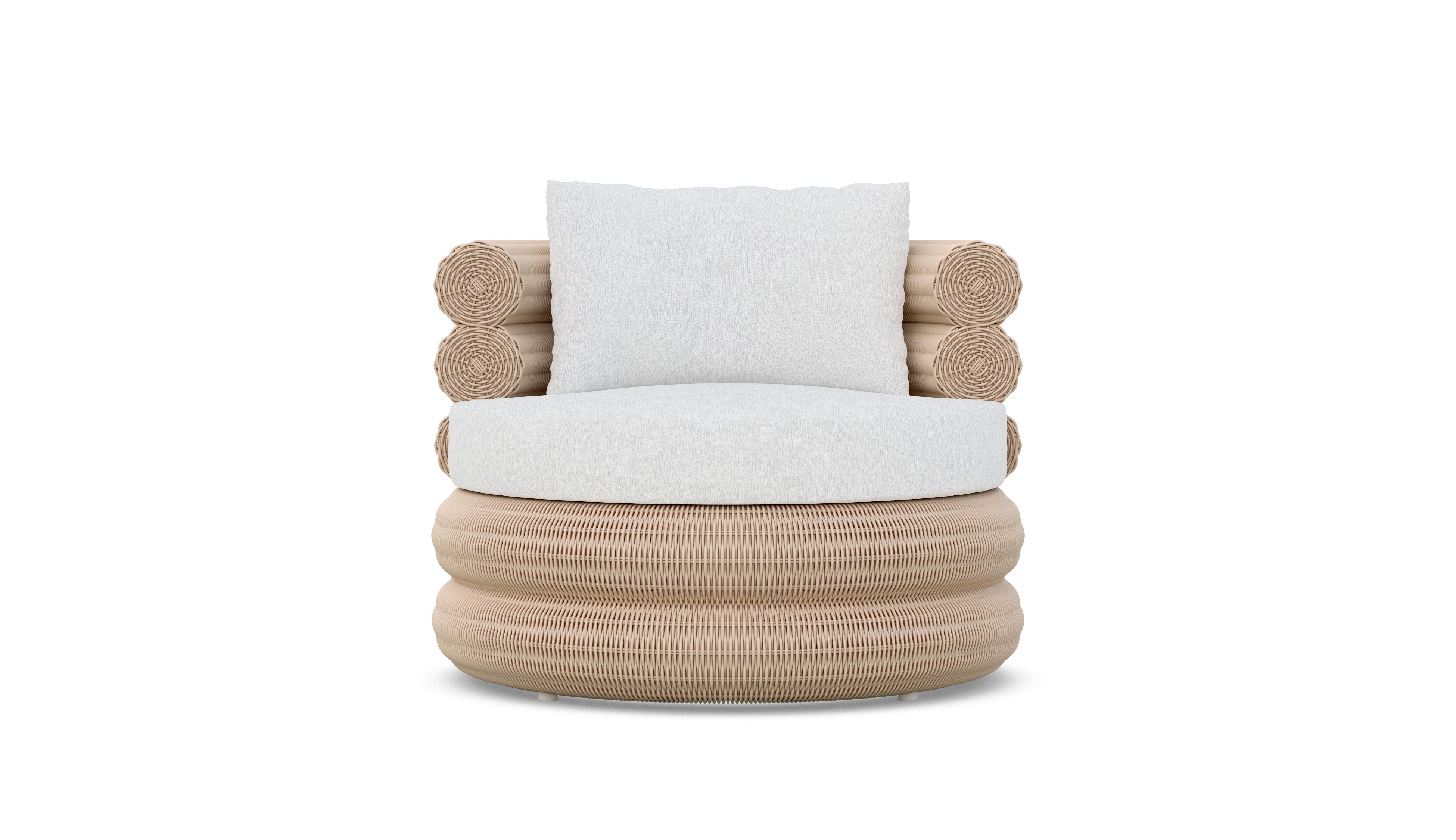 Azzurro Living Texoma Swivel Club Chair In Natural Aluminum And Almond All-Weather Wicker With Cloud Cushion