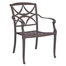 Woodard Wiltshire Dining Arm Chair with Optional Cushion - Stackable, Aged Teak, No Cushion, Grade A Fabric, Dining Chairs, Aluminum, Curved, 4 Legs, Outdoor